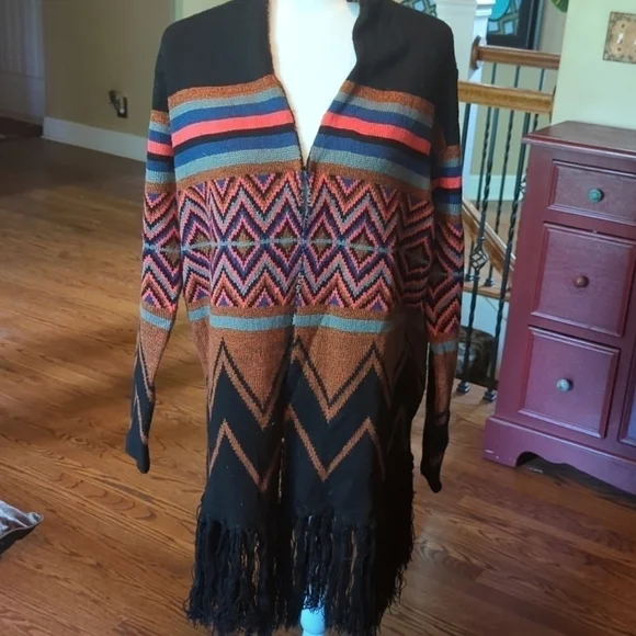 Hot & Delicious colorful tribal knit fringe Boho long open  duster/cardigan sz M - Picture 10 of 14